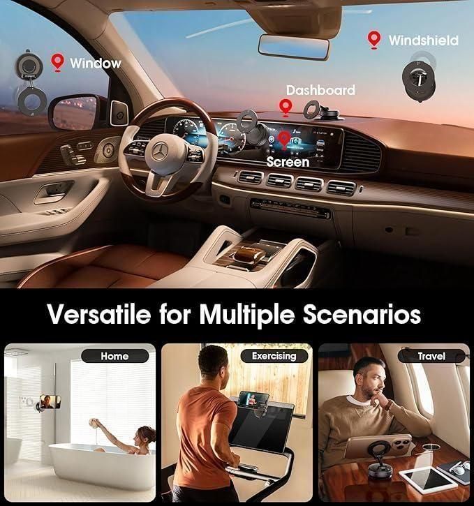 Car interior with a screen displaying various scenarios like home, exercising, and travel in which this magnetic phone holder can be used