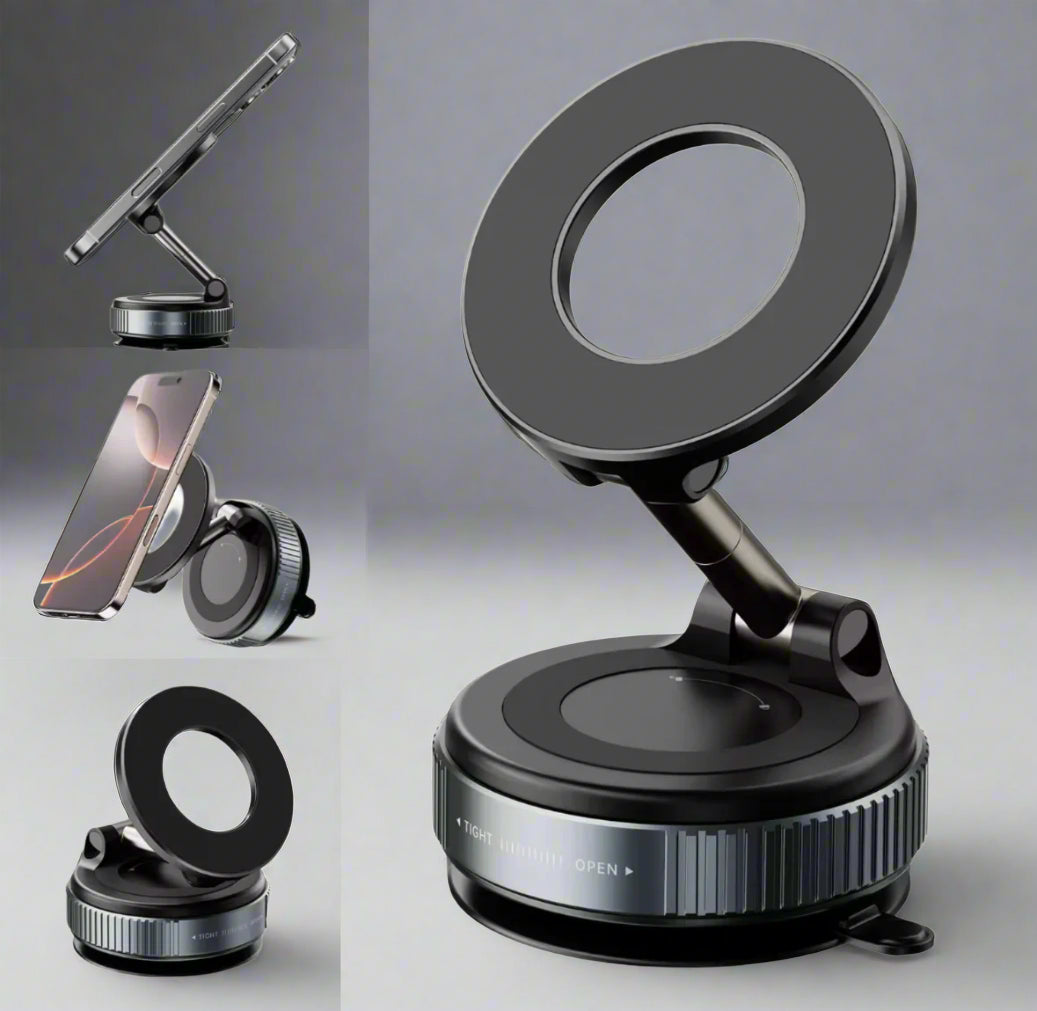 Black adjustable magnetic phone holder on a white background